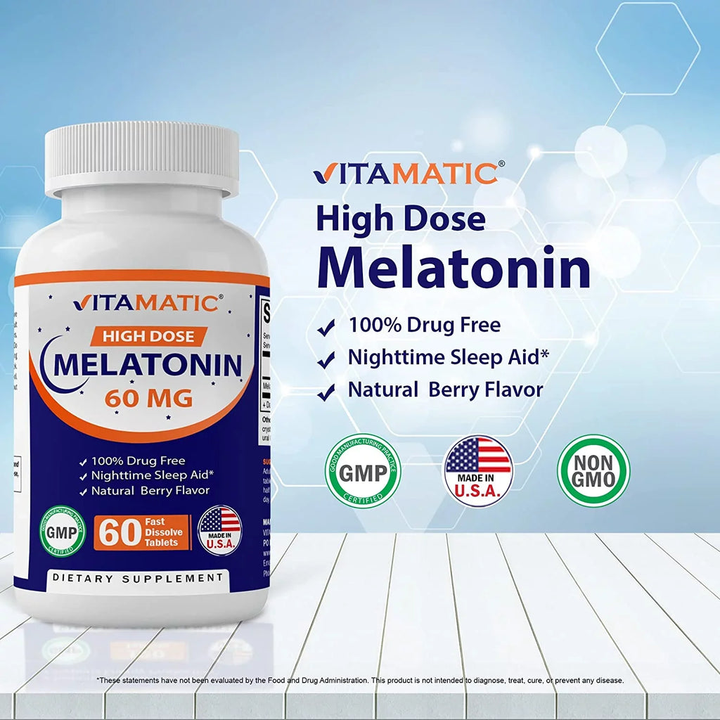 Vitamatic Melatonin 60mg Fast Dissolve Tablets - 60 Vegan Natural Berry Flavor Tablets - Non-Habit Forming - Non-GMO, Gluten Free (2 Bottles)