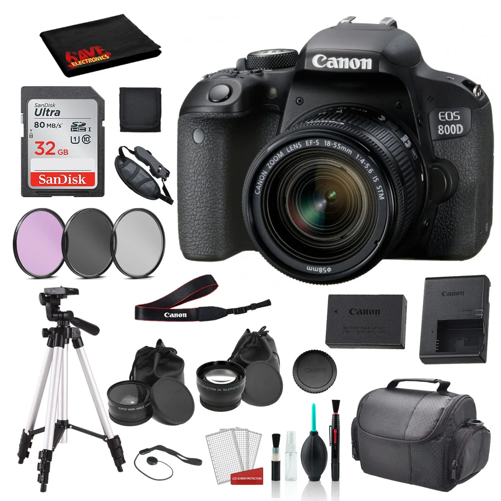 Canon EOS 800D (Rebel T7i) 18-55mm IS STM Lens Bundle SanDisk 32gb SD Card + 3PC Filter Kit
