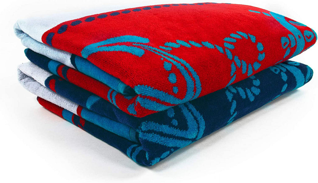 Cotton Striped Beach Towel Set For Kids, Adults, Travel, Pool, Shower, Swimming, Quick Dry, Vacation, Camping, Bathroom, Absorbent, Sailing Collection, 34" X 64", Blue/Red/White, 2 Piece