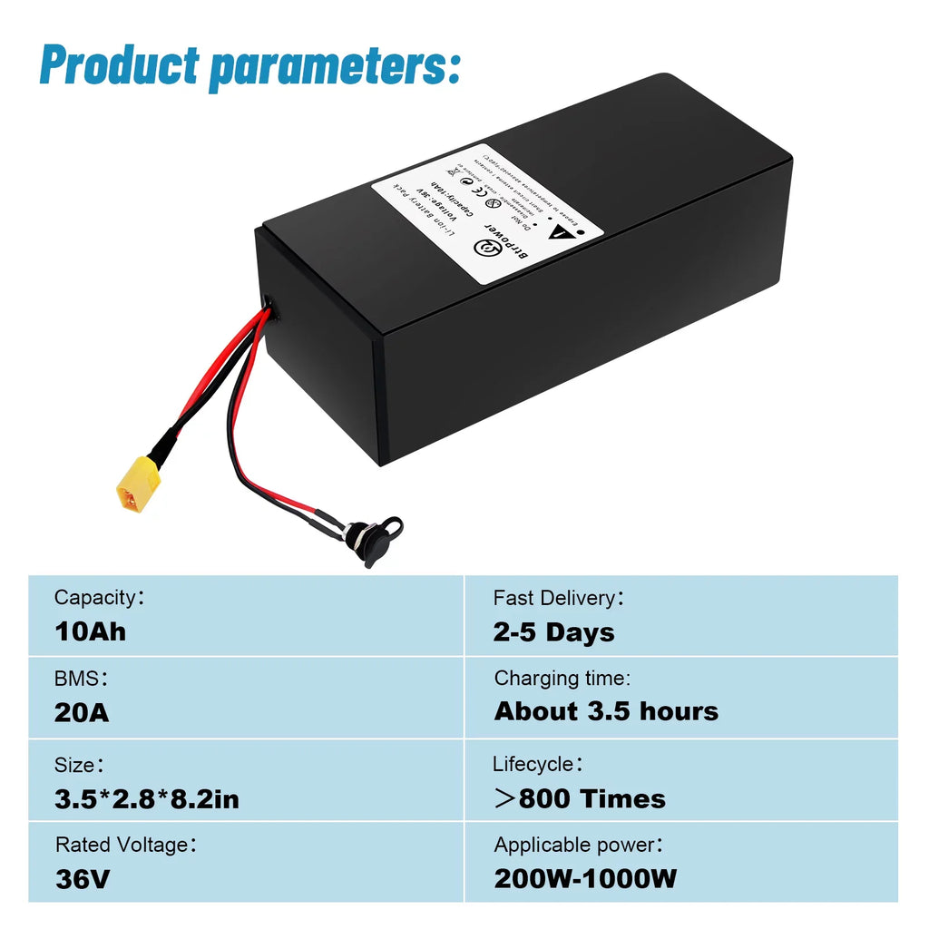 36v 10Ah Battery Lithium Ion Battery Pack for Electric Bike Scooter Motor 3A Charger