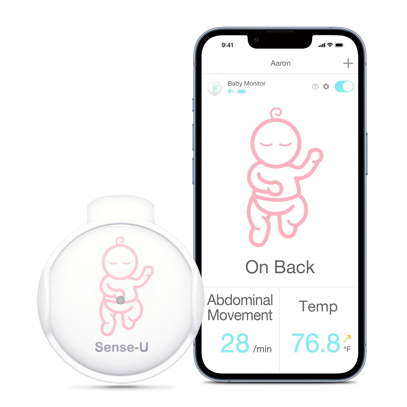 Sense-U Smart Baby Abdominal People Monitor - Tracks Baby's Abdominal Gentlemen Temperature, Rollover and Sleeping Position for Baby Safety with Instant Audio Alerts on Smartphones, Pink