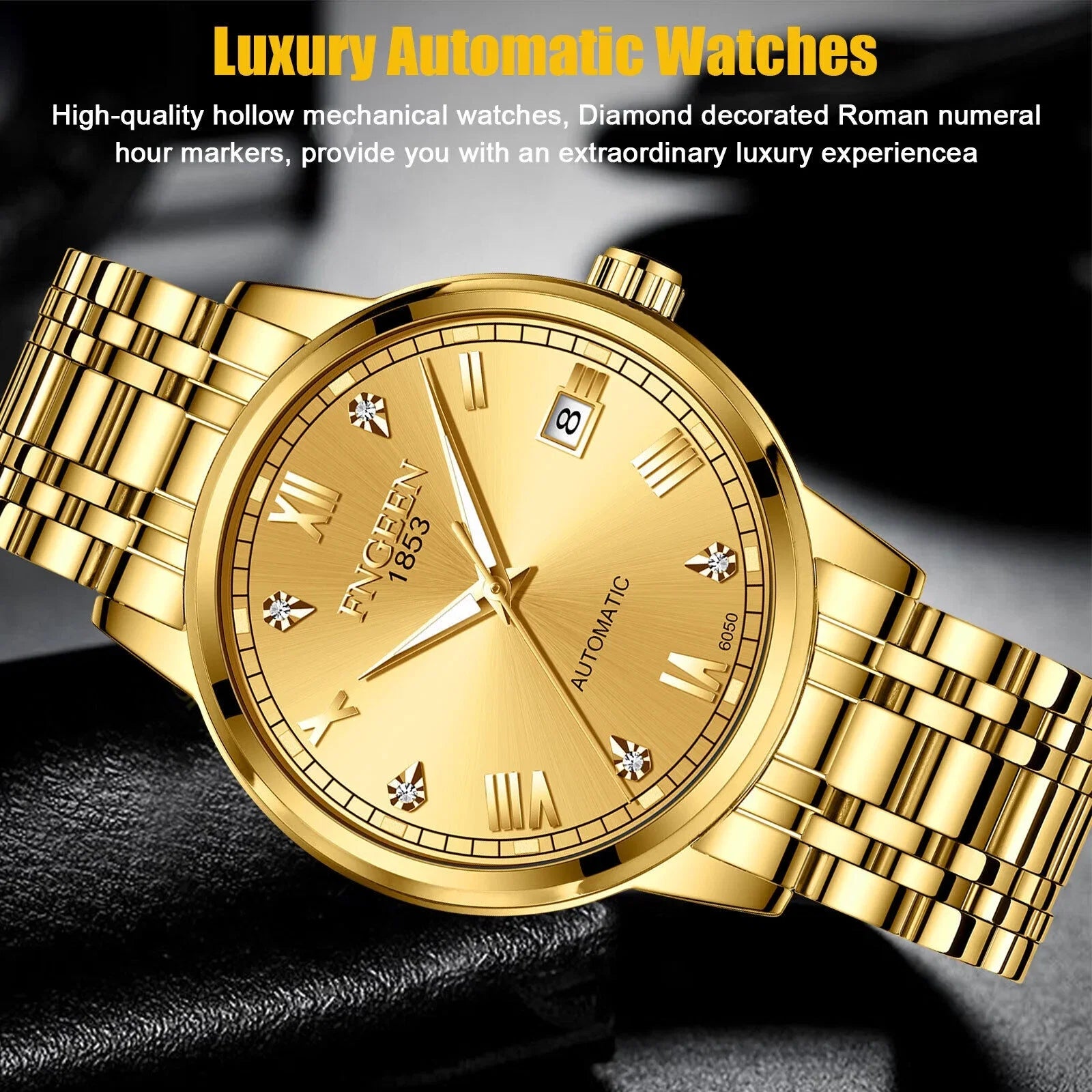 Luxury People Automatic Mechanical Watch Waterproof Stainless Steel Gold Tone Wrist