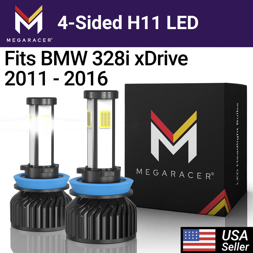 Mega Racer BMW 328i xDrive 4 Sided H11 H9 H8 LED Headlight Bulbs 6000K Diamond White 12V 60W 10000LM BMW 328i xDrive 2011 2012 2013 2014 2015 2016 11 12 13 14 15 16 Fog Light Automotive Individuals