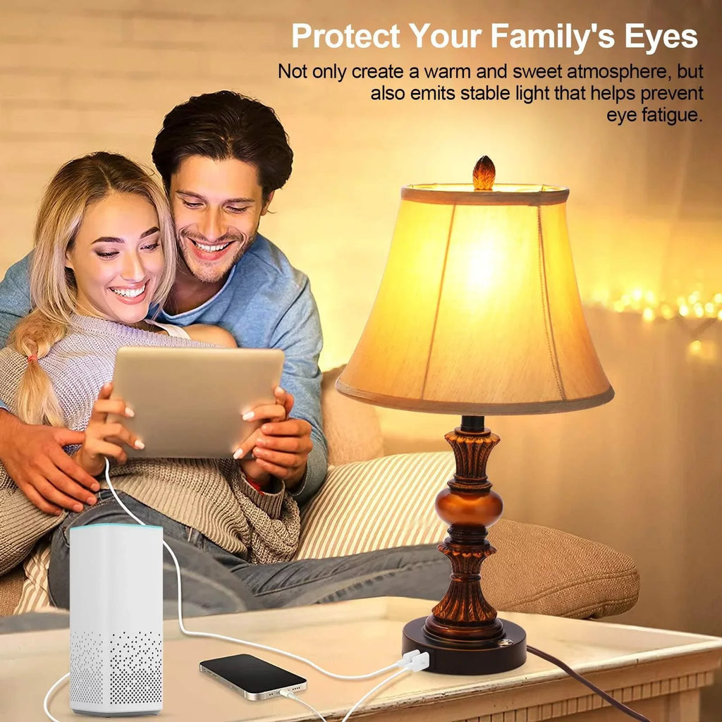 Nictiv Set of 2 Table Lamps, Bedroom Bedside Lamp with 4 USB Port Touch Control 3-Way Dimmable Nightstand Lamp Traditional Wooden Lamp Sets with 2 Free LED Bulbs