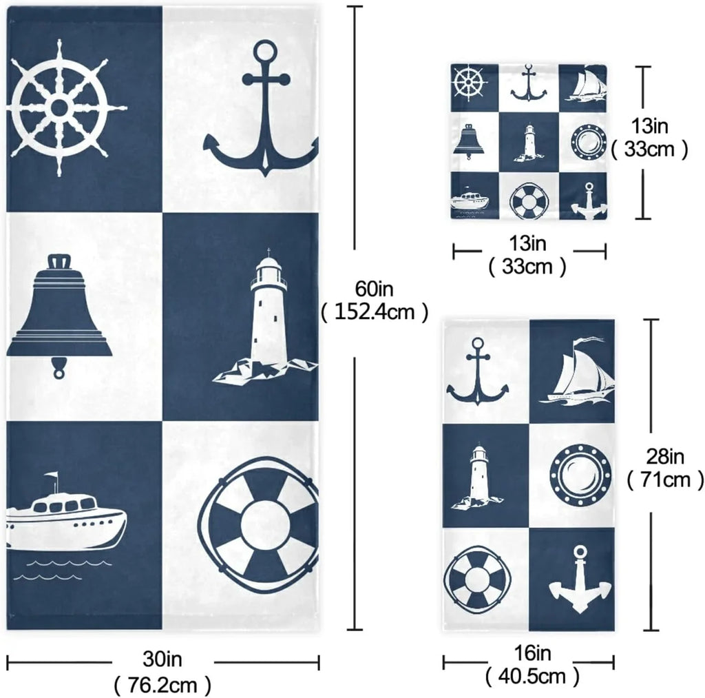 Dreamtimes Bath Towel Sets for Bathroom Hand Towels Fingertip Towels Sailing Vessel Anchor Lighthouse Checked 3 Piece Decorative Soft Cotton Absorbent