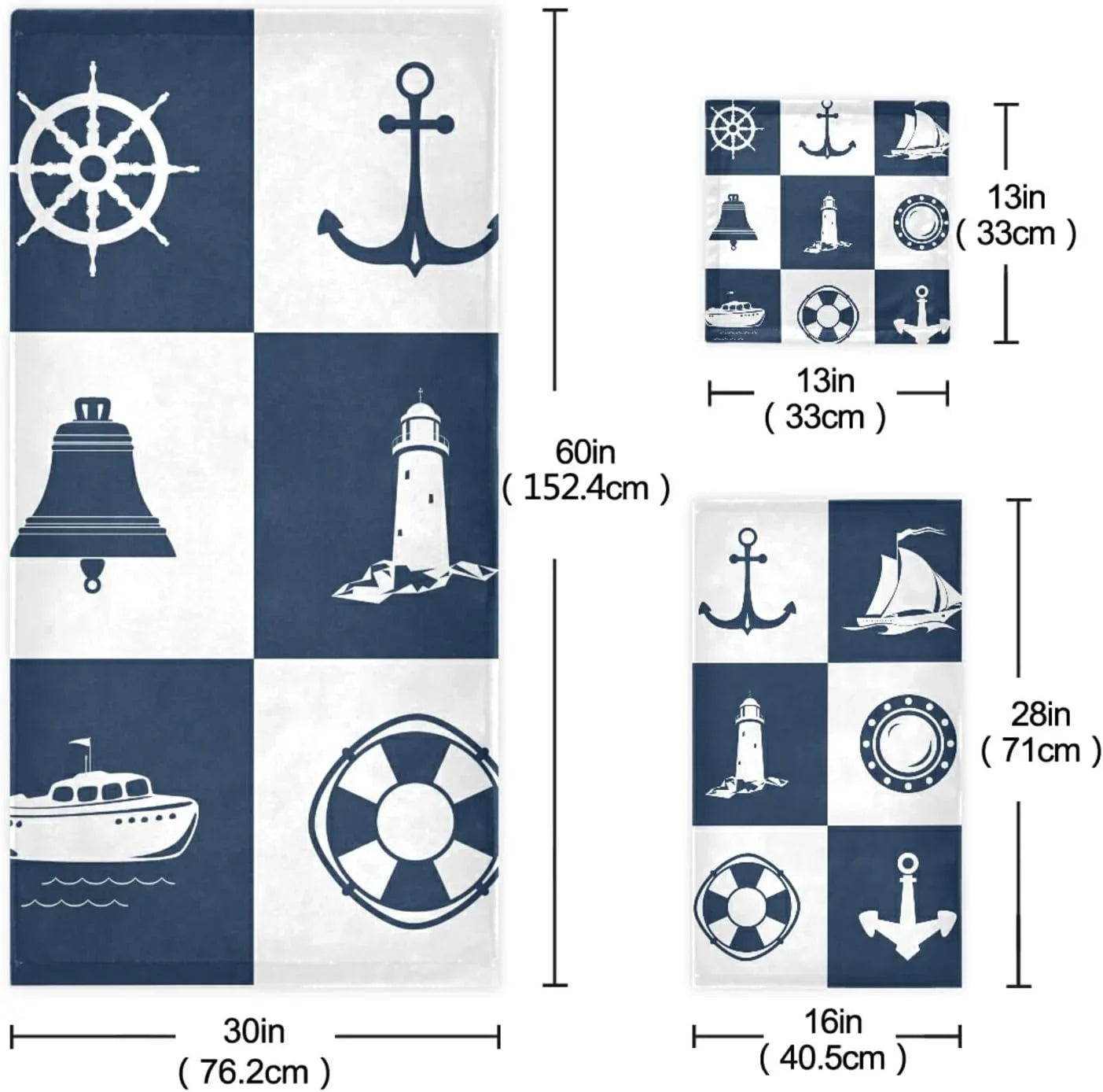 Dreamtimes Bath Towel Sets for Bathroom Hand Towels Fingertip Towels Sailing Vessel Anchor Lighthouse Checked 3 Piece Decorative Soft Cotton Absorbent
