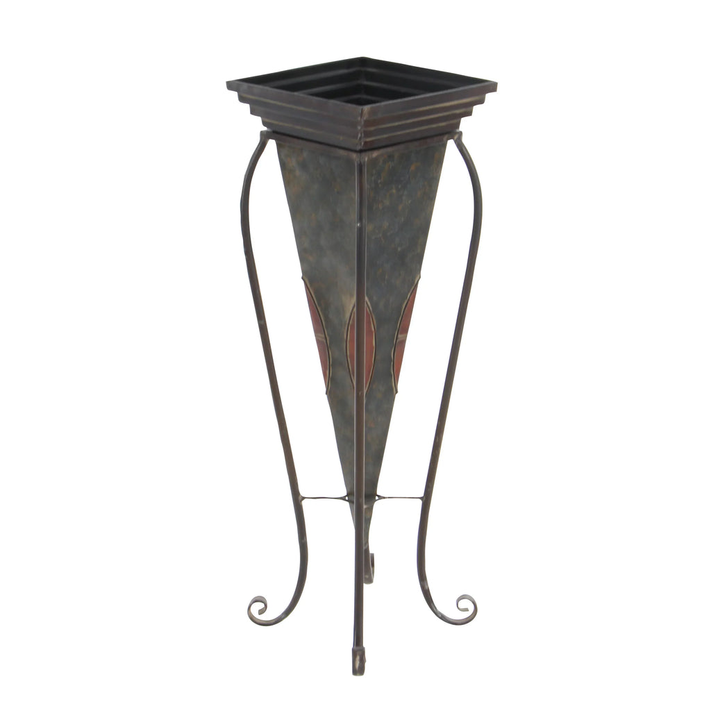 DecMode 30", 28"H Indoor Outdoor Brown Metal Planter with Scroll Stand (2 Count)