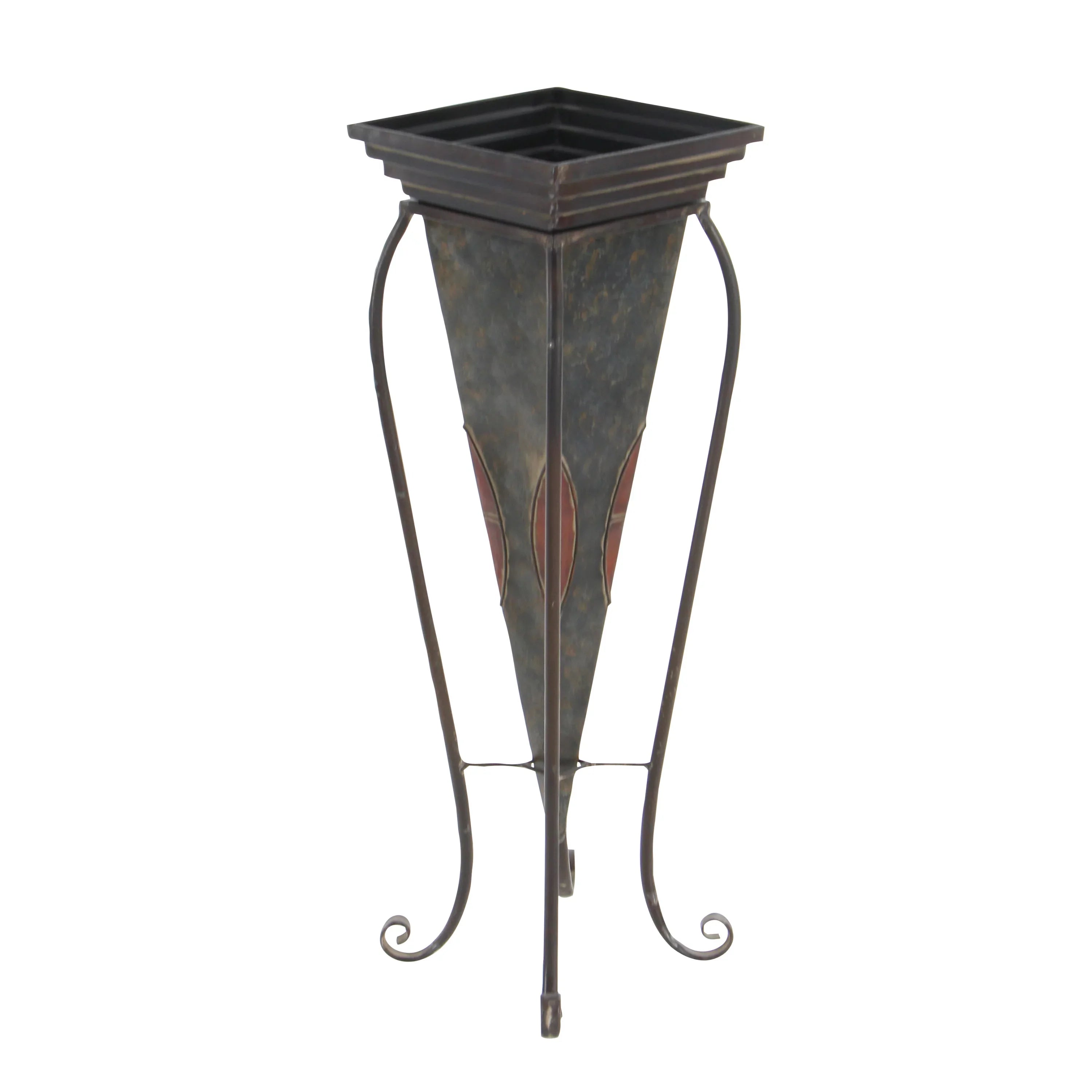 DecMode 30", 28"H Indoor Outdoor Brown Metal Planter with Scroll Stand (2 Count)