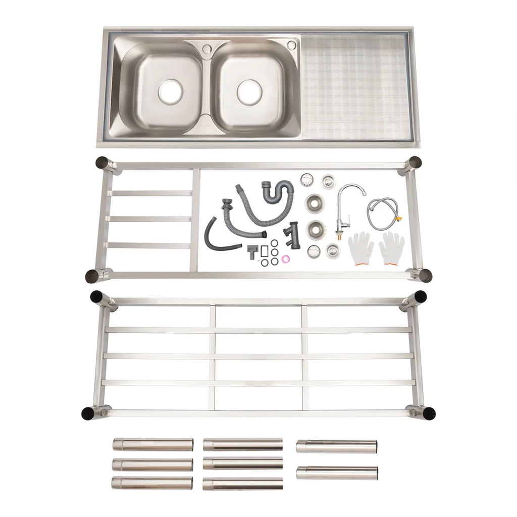 Aiqidi Commercial Stainless Steel Sink Double Bowl Freestanding Restaurant Kitchen Prep & Utility Sink Basin with Channel