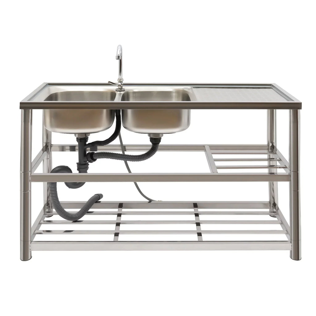 Aiqidi Commercial Stainless Steel Sink Double Bowl Freestanding Restaurant Kitchen Prep & Utility Sink Basin with Channel