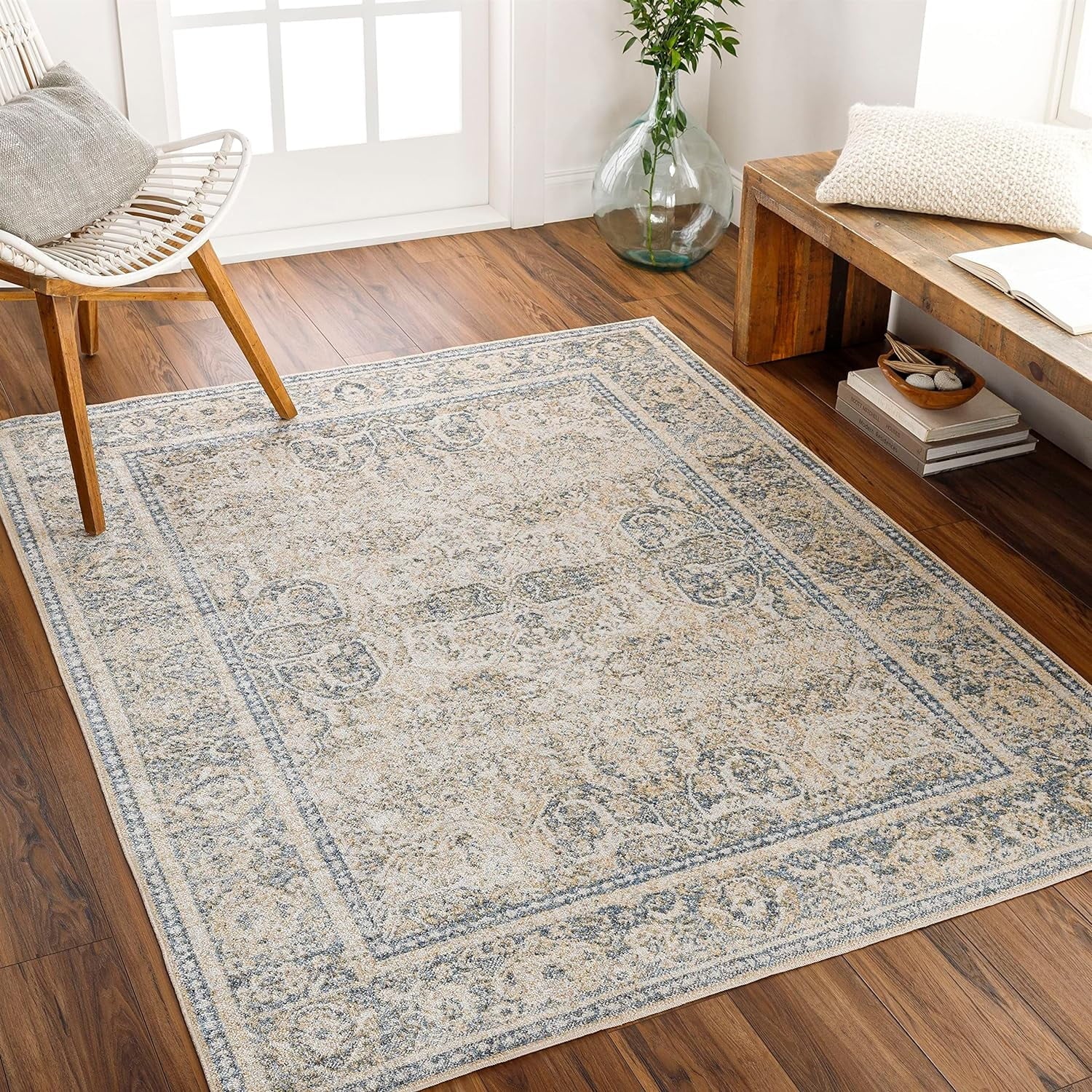 Washable Rugs, 2X3 East Traditional Light Area Rug, Blue Beige Carpet For Living Room, Bedroom Or Kitchen (2' X 3', Machine Washable)