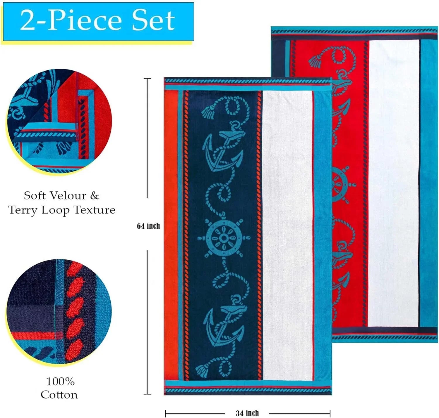 Cotton Striped Beach Towel Set For Kids, Adults, Travel, Pool, Shower, Swimming, Quick Dry, Vacation, Camping, Bathroom, Absorbent, Sailing Collection, 34" X 64", Blue/Red/White, 2 Piece