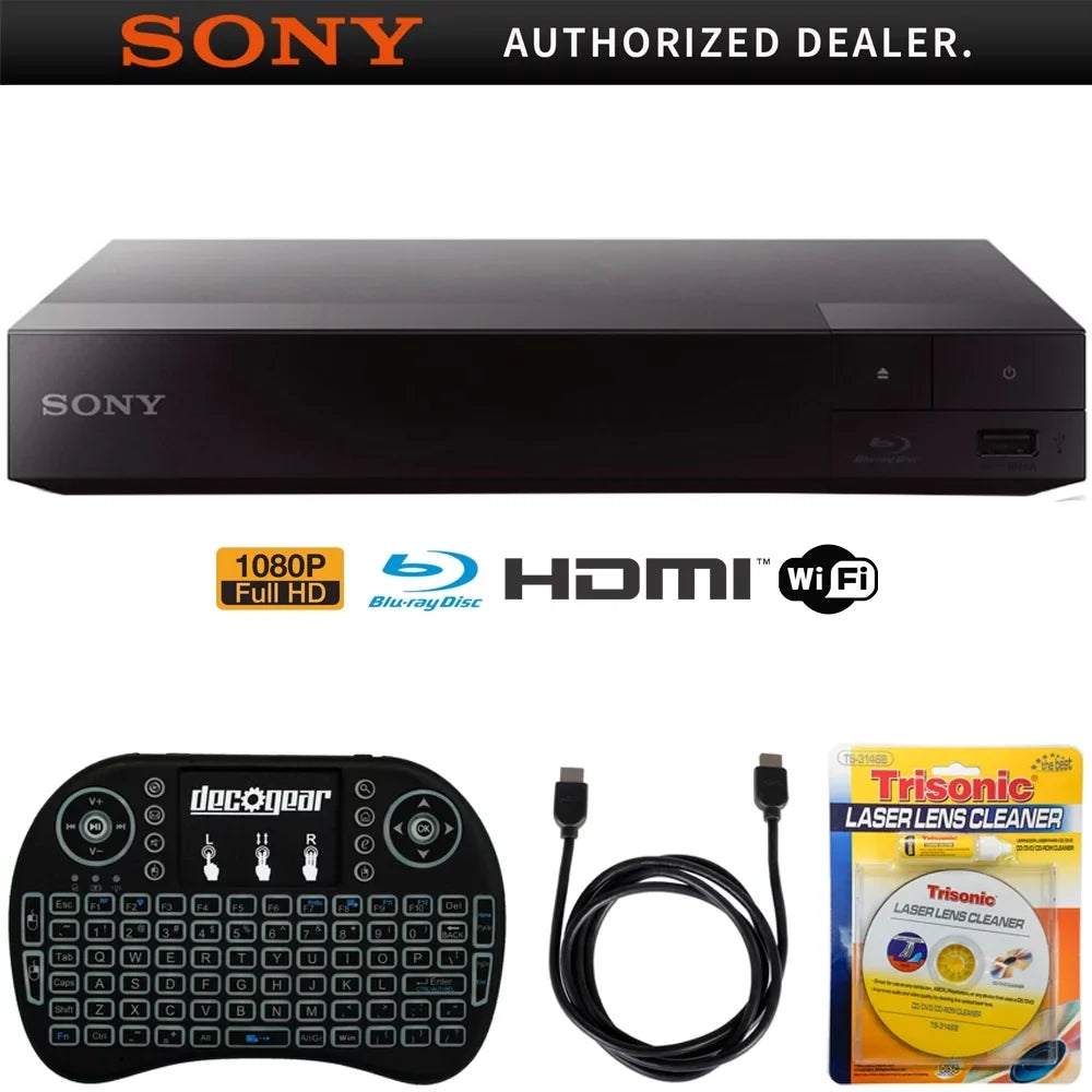 Sony BDP-S3700 Streaming Blu-ray Disc Player with Wi-Fi + Accessories Bundle Includes, 2.4GHz Wireless Backlit Keyboard with Touchpad, 6ft HDMI Cable and Laser Lens Cleaner for DVD/CD Players
