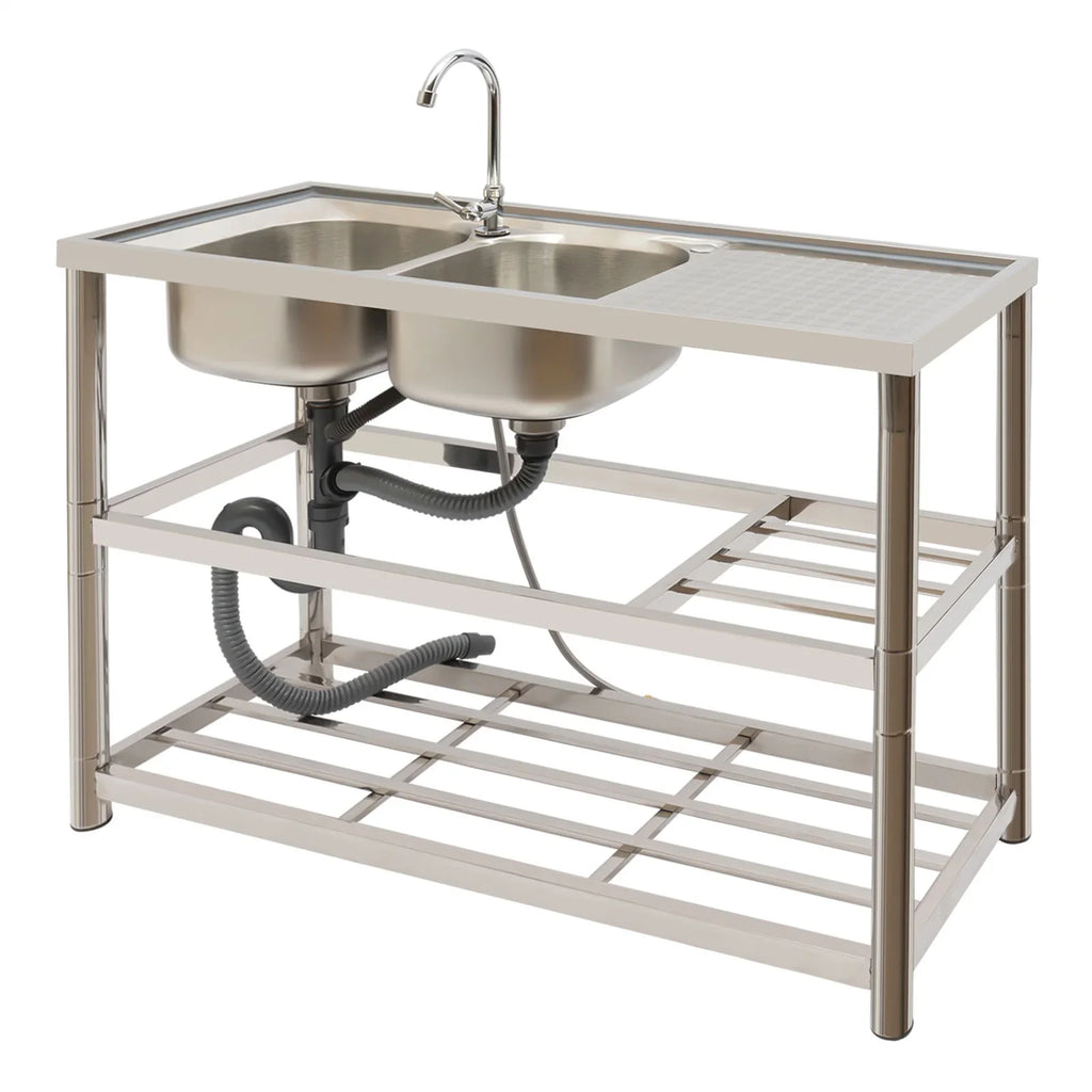 Aiqidi Commercial Stainless Steel Sink Double Bowl Freestanding Restaurant Kitchen Prep & Utility Sink Basin with Channel