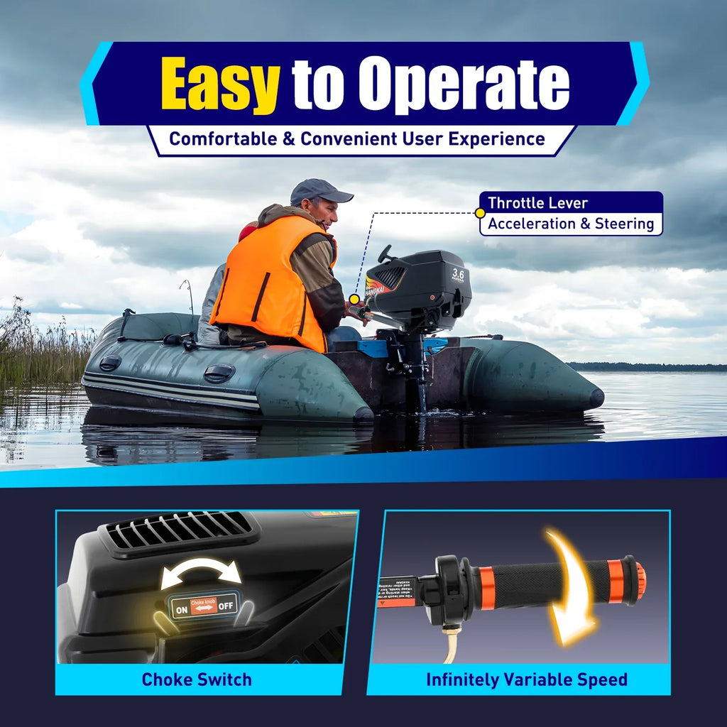2 Stroke 3.6 HP Gasoline Outboard Motor, 55cc Fishing Boat Engine with Water Cooling System Clutch Control Midnight