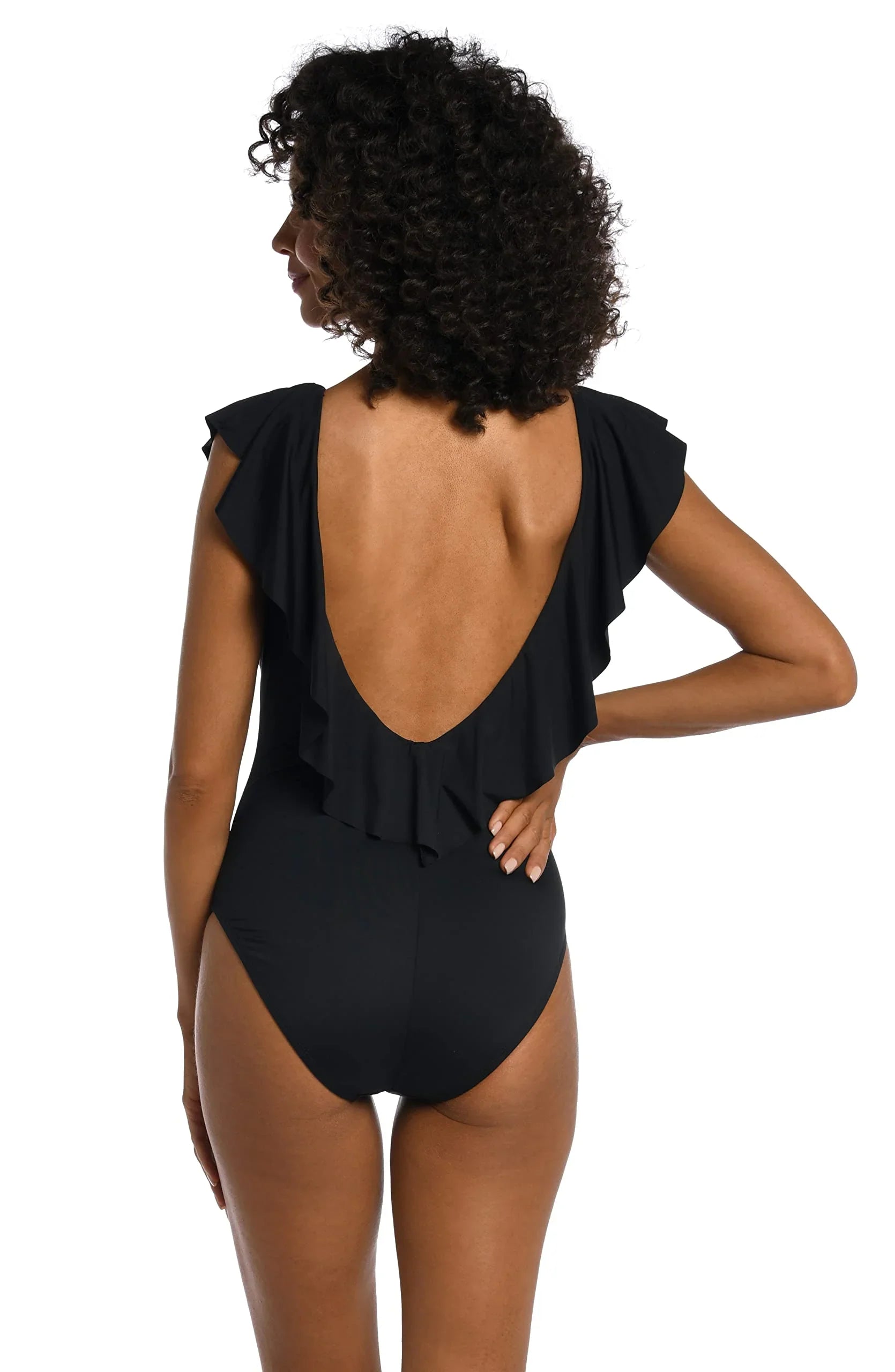 La Blanca People Island Goddess Over The Shoulder Ruffle Plunge One Piece, Dark 4