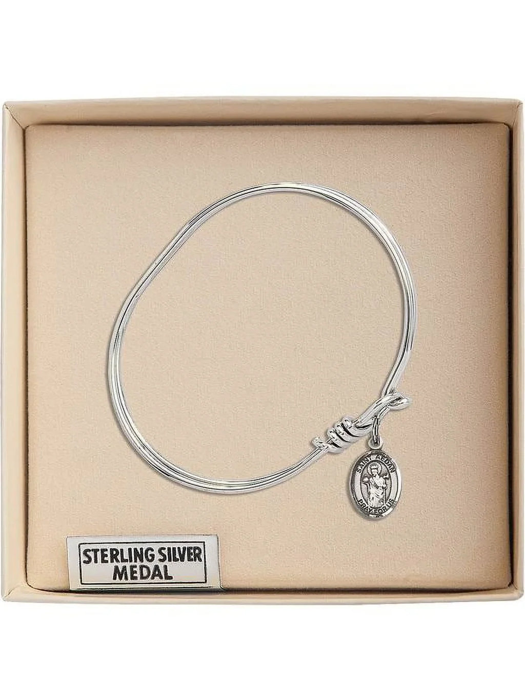 5 3/4 inch Oval Eye Hook Bangle Bracelet w/ St. Aedan of Ferns in Sterling Silver