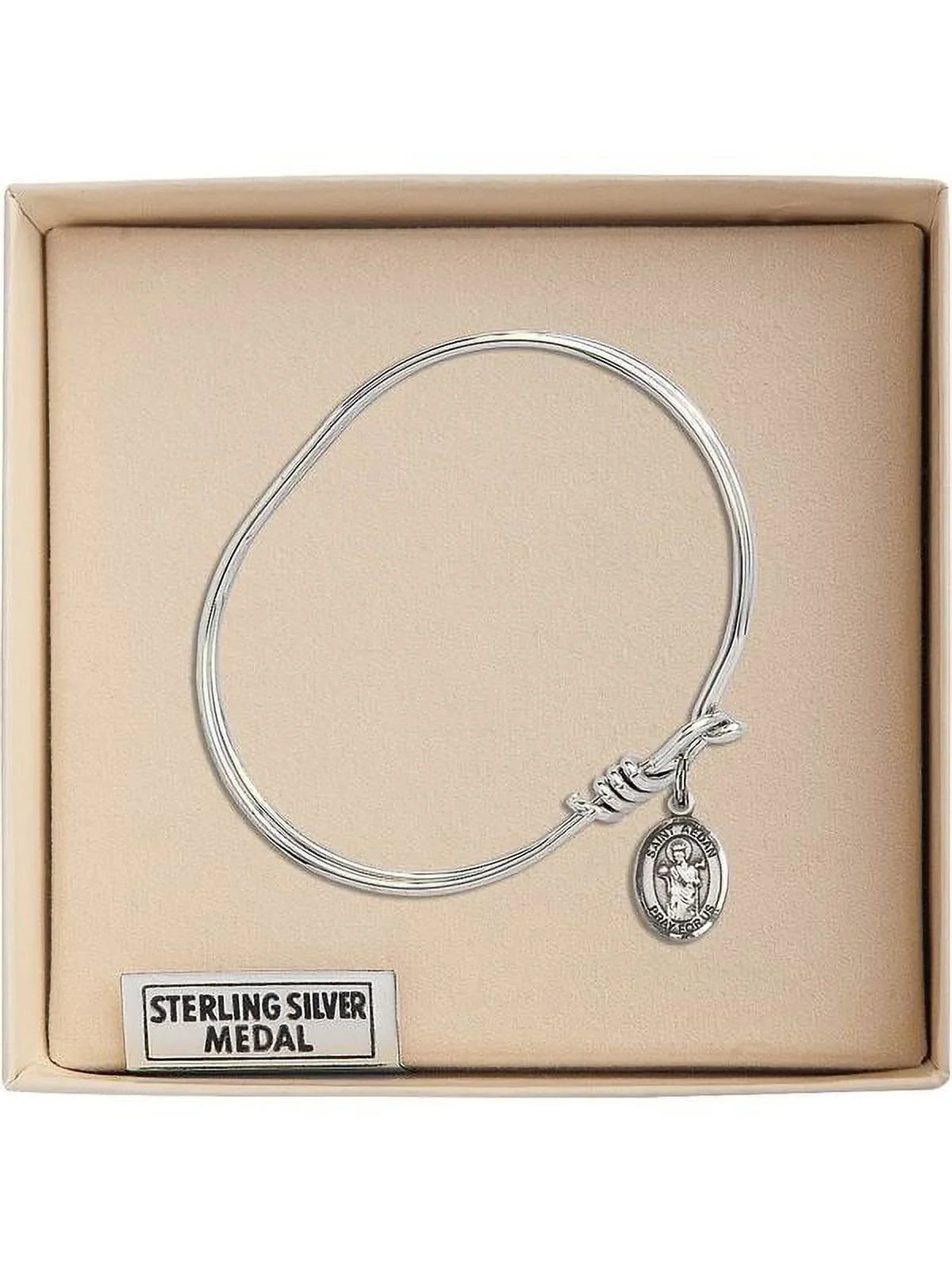 5 3/4 inch Oval Eye Hook Bangle Bracelet w/ St. Aedan of Ferns in Sterling Silver