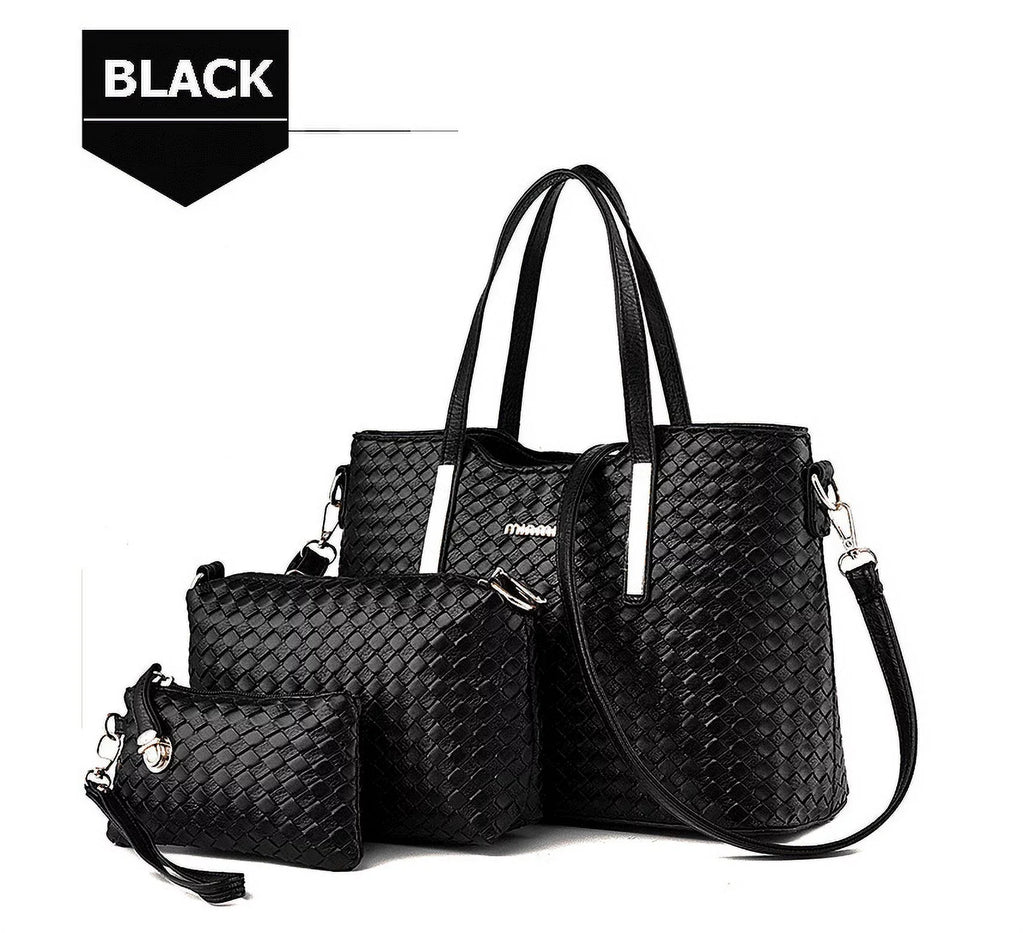 Smarit Gentlemen Pu Leather Weave Handbag Purse Bag Set 3 Pieces Tote Bag Set Shoulder Bags Big Capacity