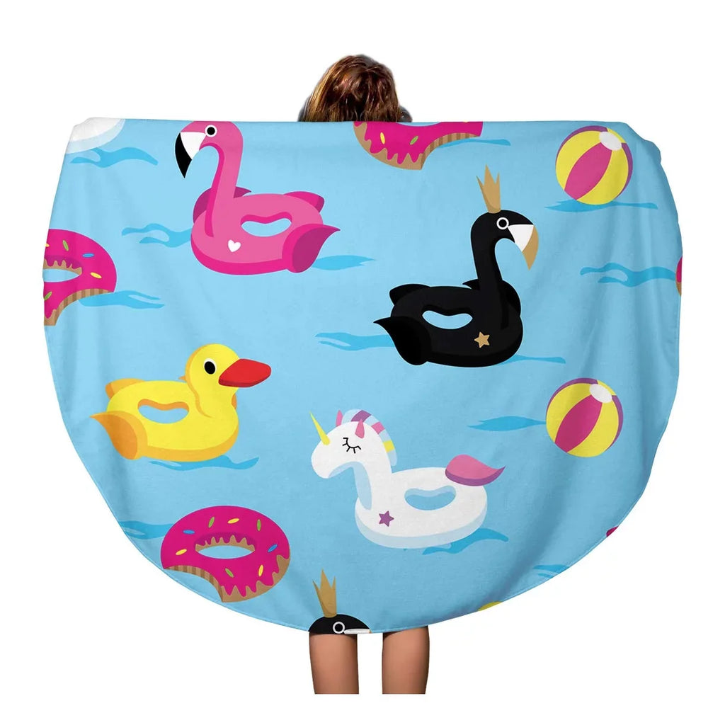 KDAGR 60 inch Round Beach Towel Blanket Blue Inflatable Pattern Floats in The Water Colorful Duck Travel Circle Circular Towels Mat Tapestry Beach Throw