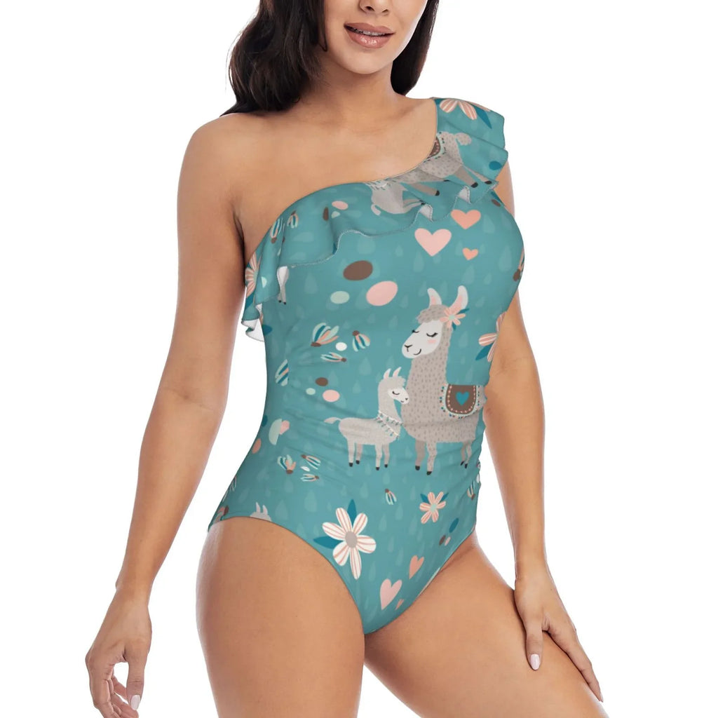 Coaee Teal Mama Llama People One Piece Swimsuits One Shoulder Swimwear Asymmetric Ruffle Monokinis Bathing Suits - Small