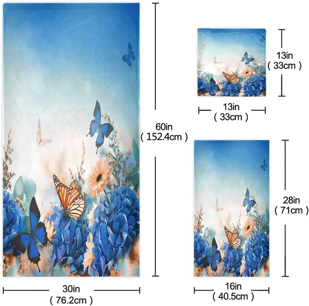 Wellsay Beautiful Flowers Shrubs Butterfly Soft Luxury Decorative Set of 3 Towels, 1 Bath Towel+1 Hand Towel+1 Washcloth, Multipurpose for Bathroom, Hotel, Gym, Spa and Kitchen