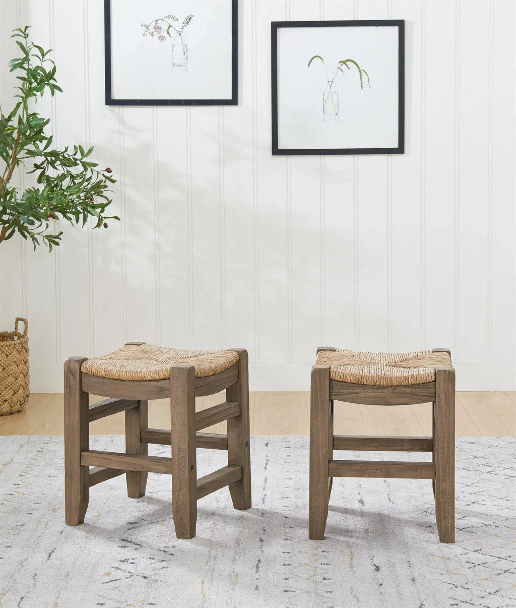 Alaterre Newport Set of Two 18"H Wood Stools with Rush Seats