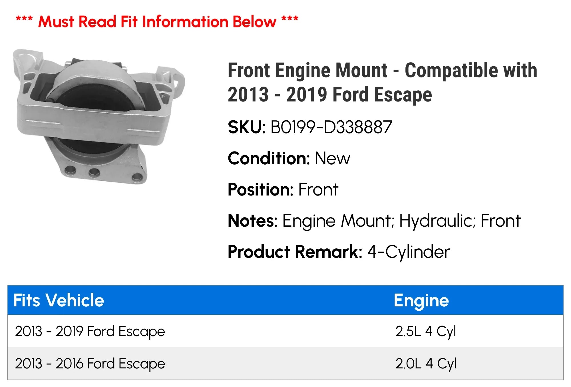 Front Engine Mount - Compatible with 2013 - 2019 Ford Escape 2014 2015 2016 2017 2018