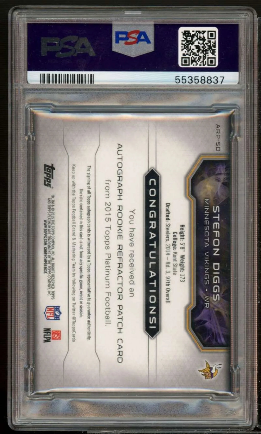 Stefon Diggs RC 2015 Topps Platinum Auto Dark Refractor (pop 2) #arpsd PSA 8