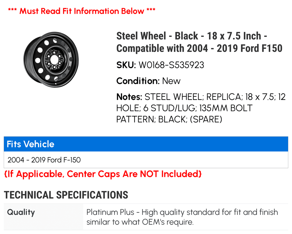 Steel Wheel - Dark - 18 x 7.5 Inch - Compatible with 2004 - 2019 Ford F150 2005 2006 2007 2008 2009 2010 2011 2012 2013 2014 2015 2016 2017 2018