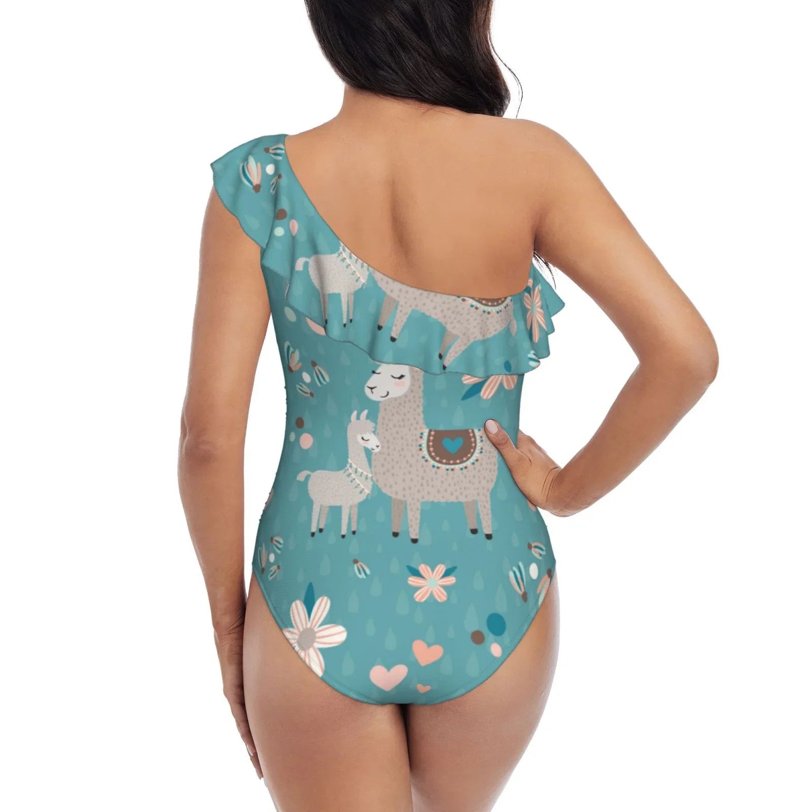 Coaee Teal Mama Llama People One Piece Swimsuits One Shoulder Swimwear Asymmetric Ruffle Monokinis Bathing Suits - Small