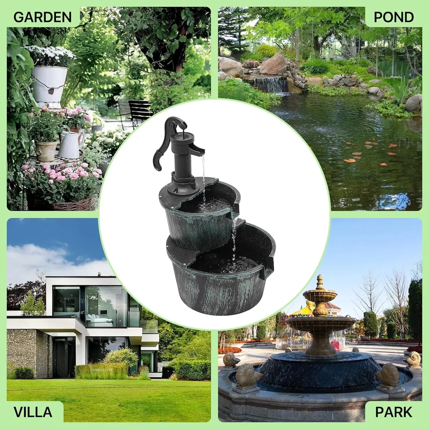 2-Tier Outdoor Water Fountain Freestanding Rustic Cascading Waterfall Fountain With Electric Pump For Garden Patio Backyard Porch Decor, Teal Blue