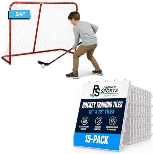 PS Bundle Hockey Flooring Tiles for Training - 15 Pack of 12 x 12â + 54â Junior Steel Street Hockey Goal