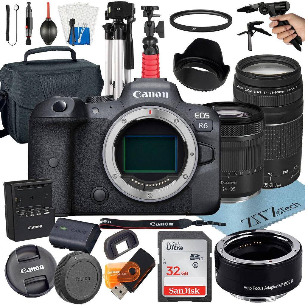 Canon EOS R6 Mirrorless Camera with RF 24-105mm STM + 75-300mm Lens + Mount Adapter + 32GB SanDisk + ZeeTech Accessory
