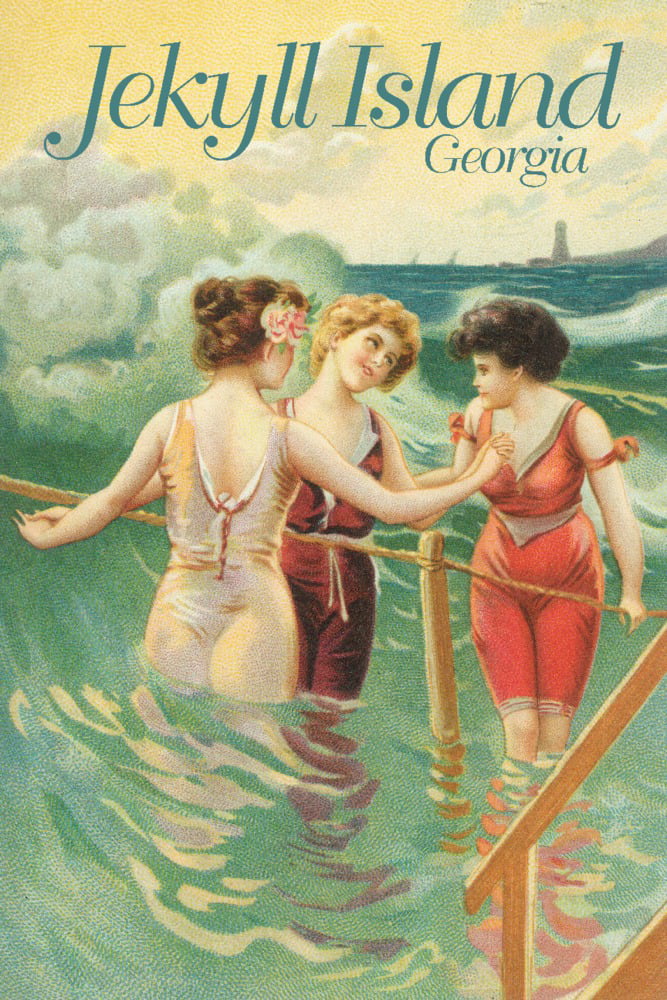 Jekyll Island, Georgia, Individuals in Wading on Beach, Vintage Poster (19x27 inches, Premium 500 Piece Jigsaw Puzzle for Adults and Family, Made in USA)