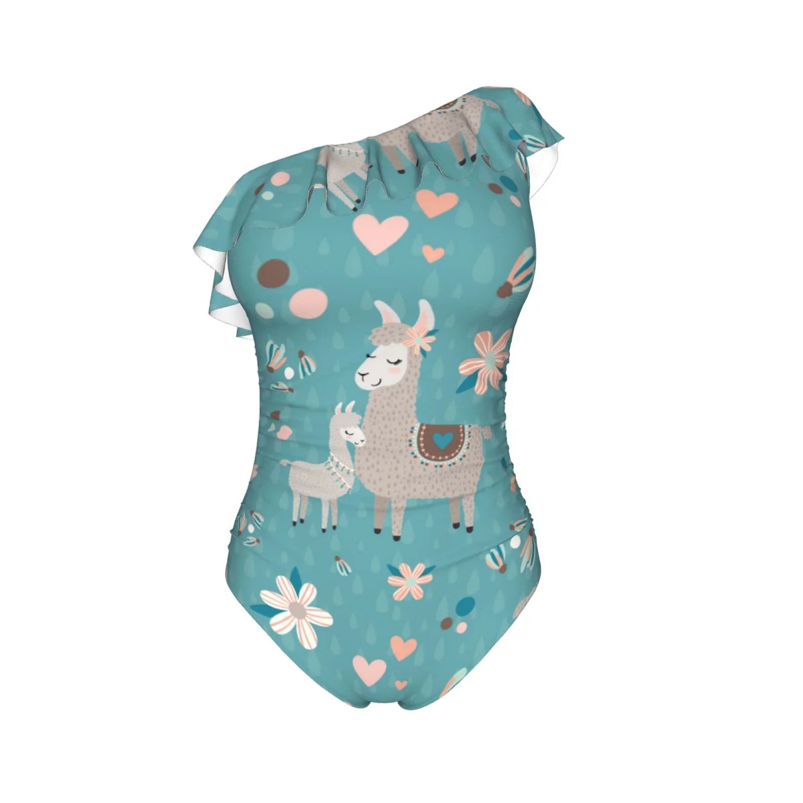 Coaee Teal Mama Llama People One Piece Swimsuits One Shoulder Swimwear Asymmetric Ruffle Monokinis Bathing Suits - Small