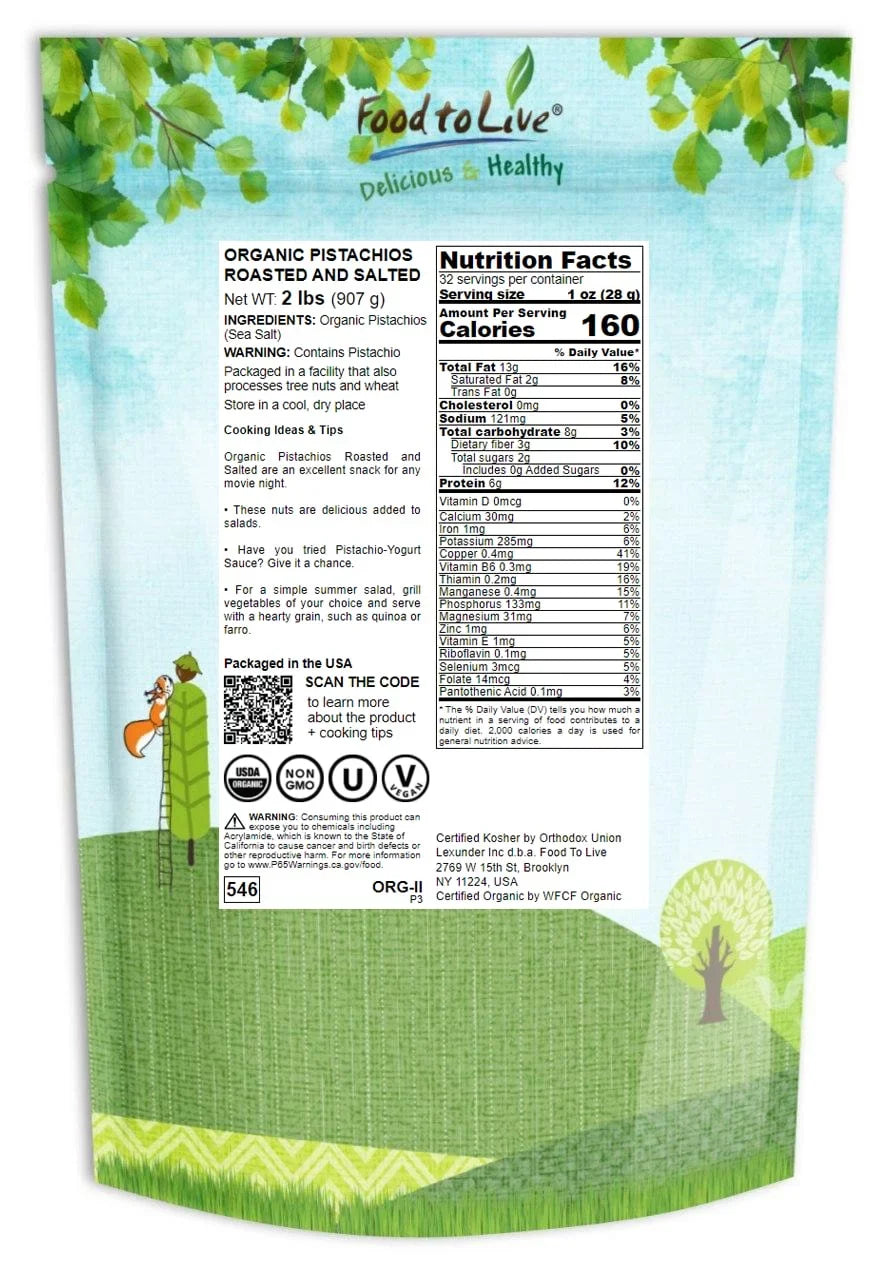 Food to Live Organic California Pistachios (In Shell, Roasted and Salted, Non-GMO, Bulk) (2 Pounds)