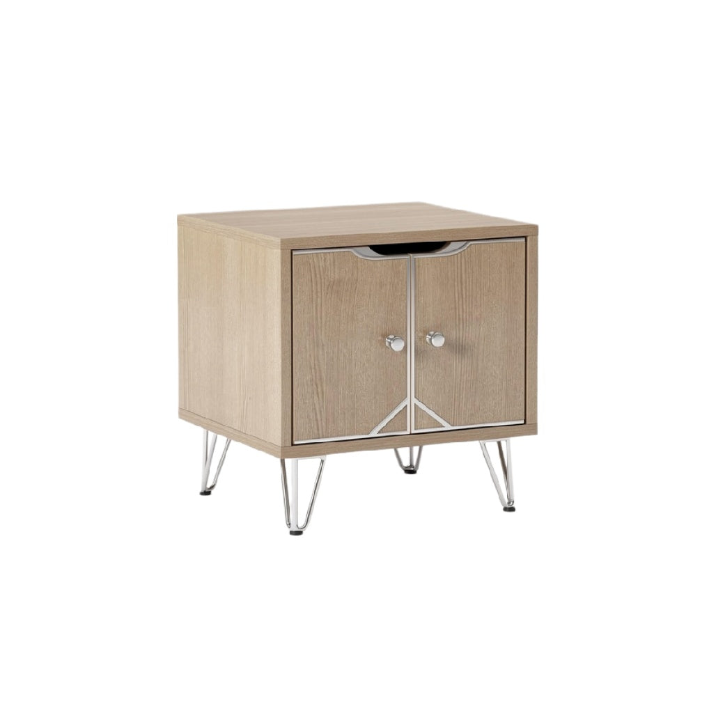 Modern Wooden Nightstand with Metal Legs and Dual Doors