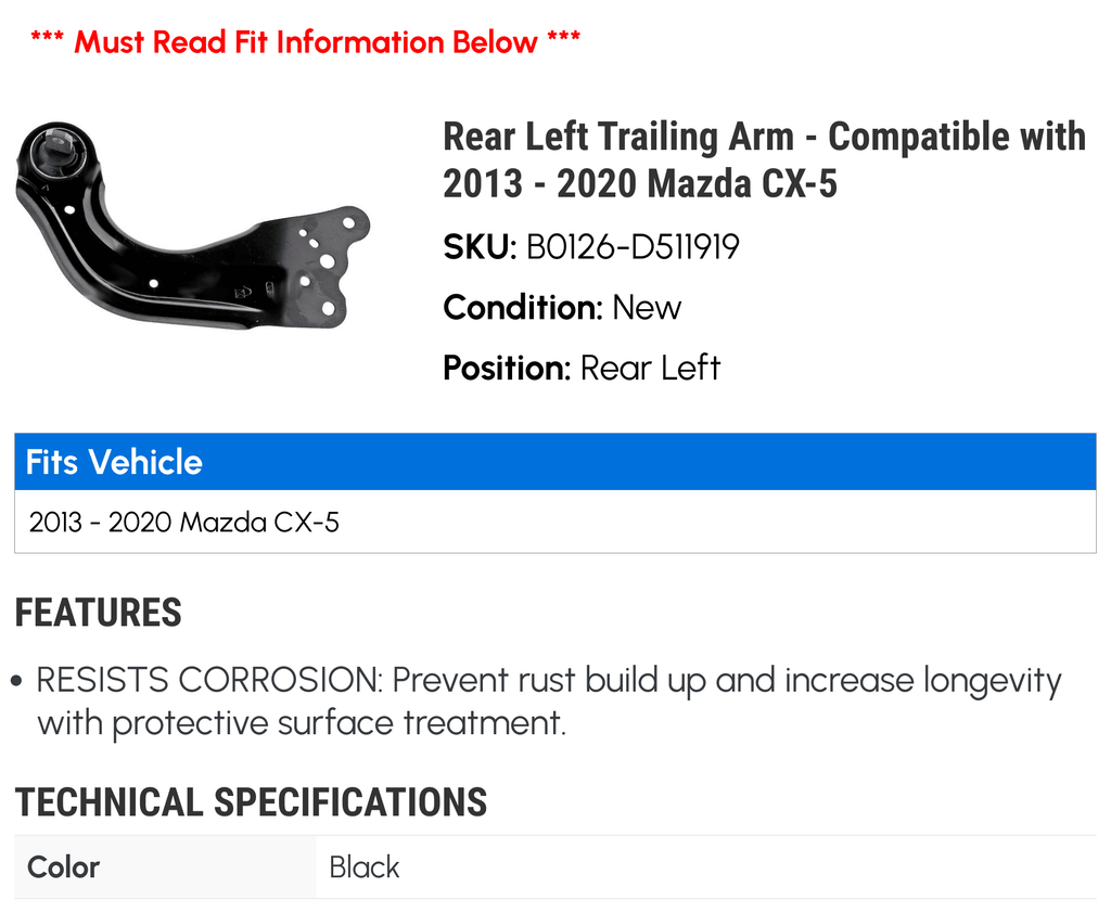 Rear Left Trailing Arm - Compatible with 2013 - 2020 Mazda CX-5 2014 2015 2016 2017 2018 2019