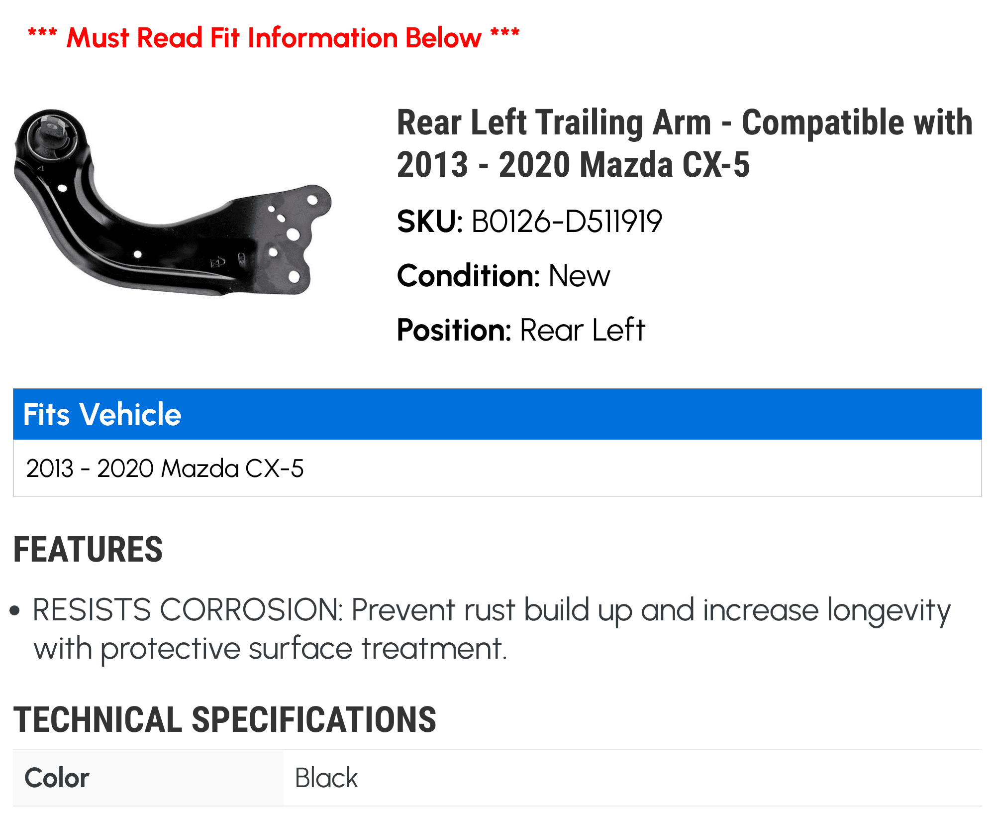 Rear Left Trailing Arm - Compatible with 2013 - 2020 Mazda CX-5 2014 2015 2016 2017 2018 2019