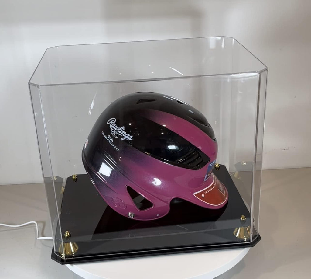 Pro Collector's Football Helmet Display Case Stand aslo fits Full Size Baseball, Ice Hockey, Motorcycle Helmets, One-Piece-Cover for Better Seal, Showcase with 98% UV Protection