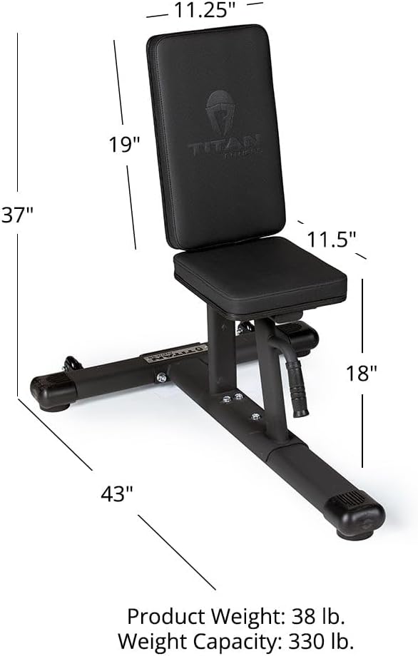 Titan Fitness Seated Stationary Bench, Rated 330 LB, Ergonomic Angled Back, Comfortable HeftyGrip Padding, Front Handle, Rear Wheels for Easy Transport, Utility Upright Weight Bench