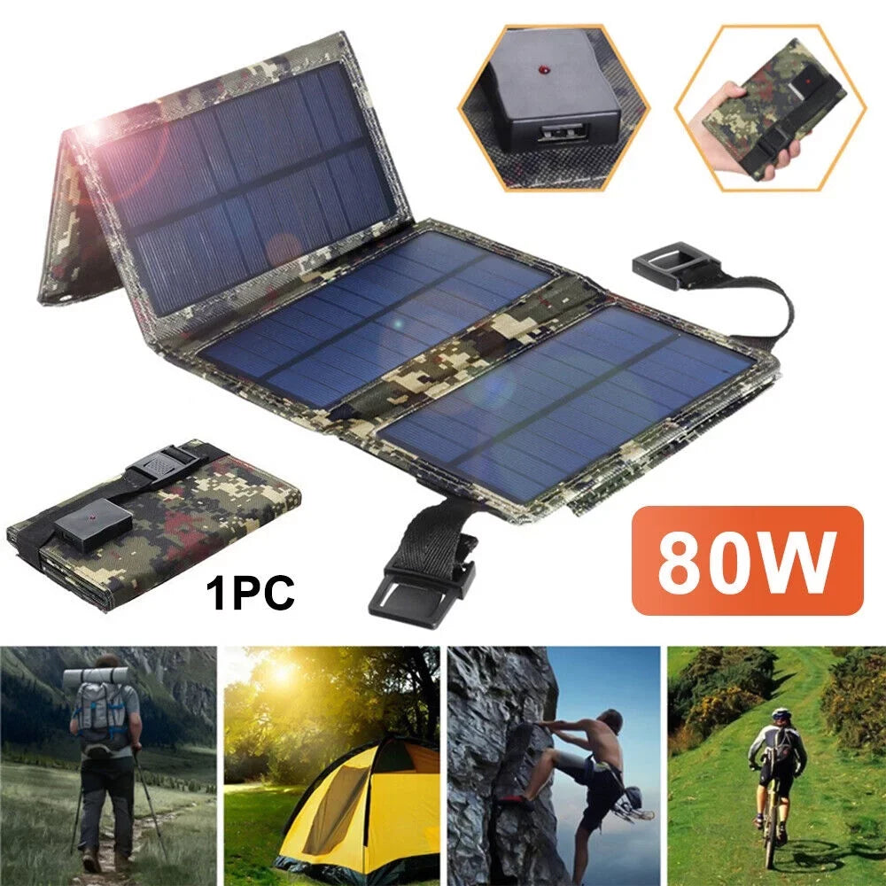 JLLOM 80W USB Solar Panel Folding Power Bank Outdoor Camping Hiking Phone Charger USA