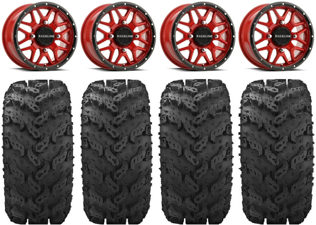 Raceline Krank 14" Red Wheels 28" Reptile Tires Kawasaki Mule Pro FXT