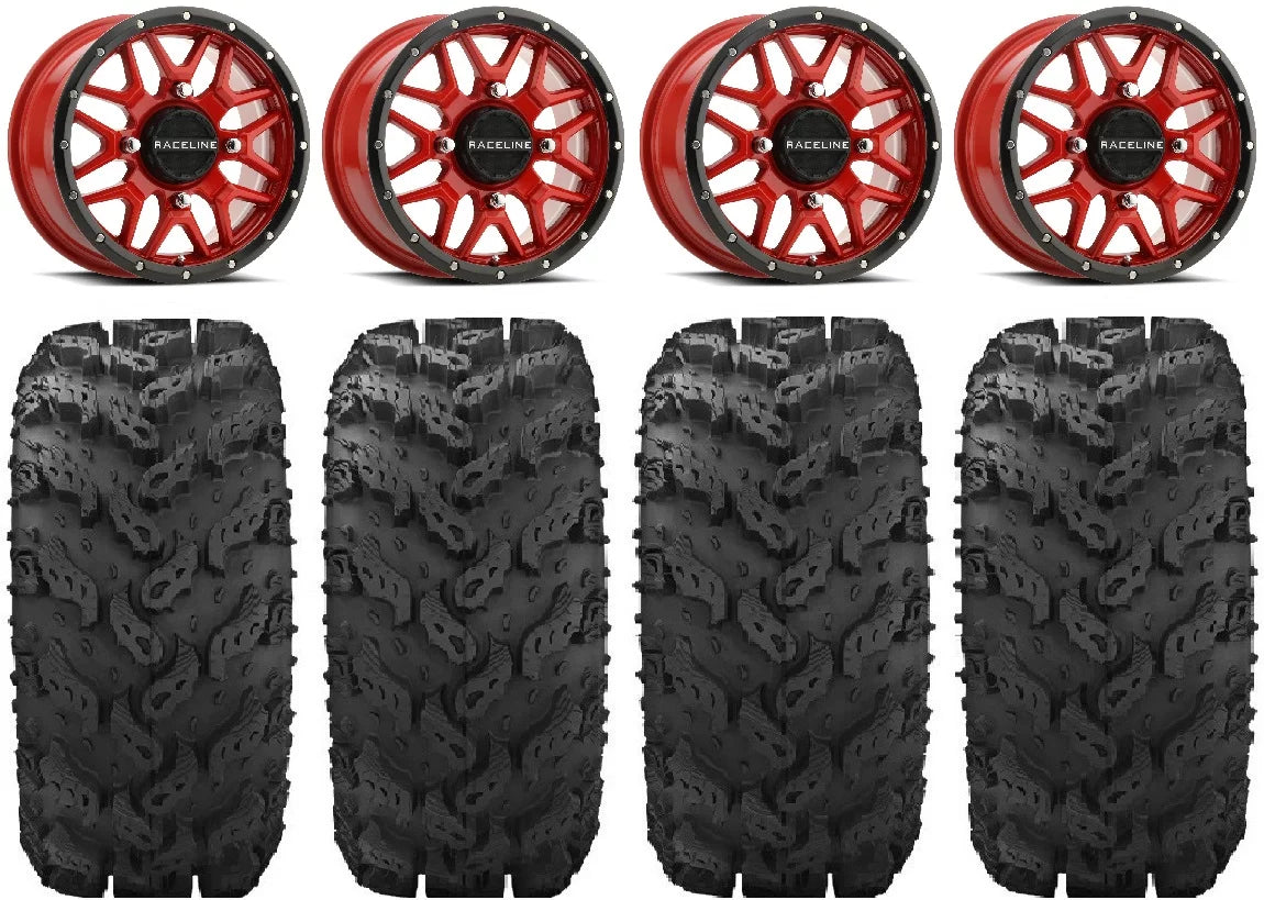 Raceline Krank 14" Red Wheels 28" Reptile Tires Kawasaki Mule Pro FXT