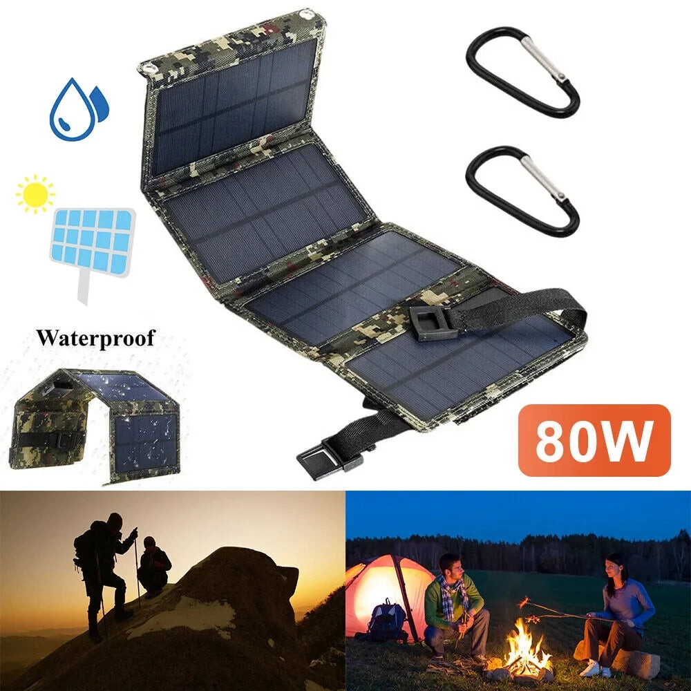 JLLOM 80W USB Solar Panel Folding Power Bank Outdoor Camping Hiking Phone Charger USA