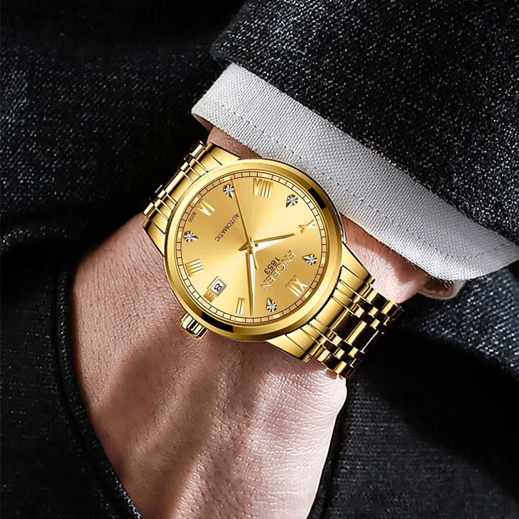 Luxury People Automatic Mechanical Watch Waterproof Stainless Steel Gold Tone Wrist