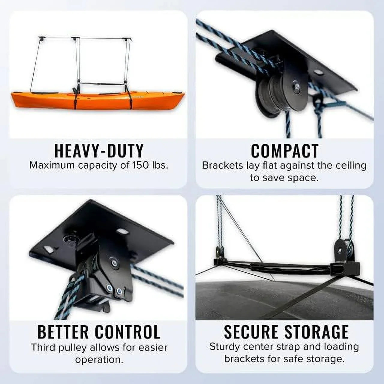 Elite Kayak Pulley System, 150 lbs Ceiling Hoist, Kayaks, Canoes, and Paddleboards