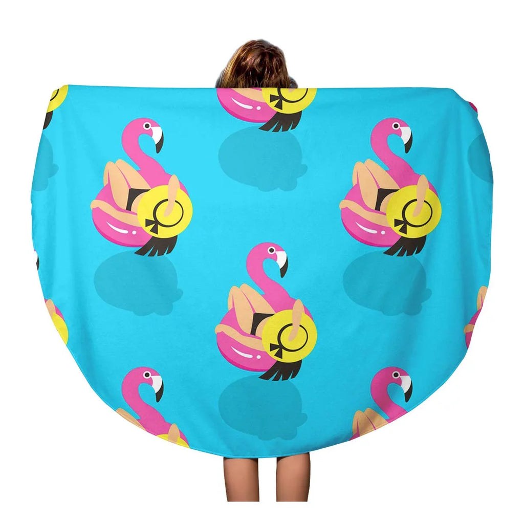 KDAGR 60 inch Round Beach Towel Blanket Girls on Inflatable Pink Flamingo in Summer of Swims Travel Circle Circular Towels Mat Tapestry Beach Throw