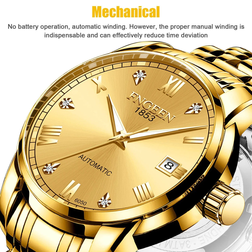 Luxury People Automatic Mechanical Watch Waterproof Stainless Steel Gold Tone Wrist